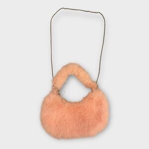 Pink Faux Fur Shoulder Bag w/ Silver Chain Strap & Soft Handle Trendy Y2K Purse